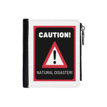 (CAUTION! NATURAL DISASTER!_3808) Men's Women PU Leather Wallets Compact Bifold with Zipper & Multiple Card Coins Slots Black Stylish Durable Graphic Design Print for Girl Boys