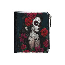 (Catrina Tatto_495) Men's Women PU Leather Wallets Compact Bifold with Zipper & Multiple Card Coins Slots Black Stylish Durable Graphic Design Print for Girl Boys
