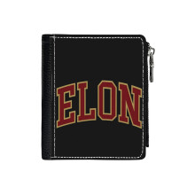 (Elon - College Font Curved _4806) Men's Women PU Leather Wallets Compact Bifold with Zipper & Multiple Card Coins Slots Black Stylish Durable Graphic Design Print for Girl Boys