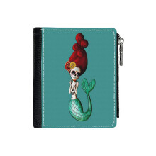 (El Dia De Los Muertos Mermaid_134) Men's Women PU Leather Wallets Compact Bifold with Zipper & Multiple Card Coins Slots Black Stylish Durable Graphic Design Print for Girl Boys