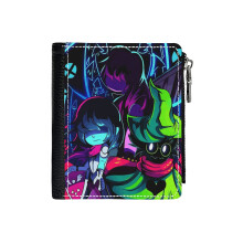 (Deltarune - Friends_2229) Men's Women PU Leather Wallets Compact Bifold with Zipper & Multiple Card Coins Slots Black Stylish Durable Graphic Design Print for Girl Boys
