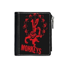 (12 MONKEYS_3531) Men's Women PU Leather Wallets Compact Bifold with Zipper & Multiple Card Coins Slots Black Stylish Durable Graphic Design Print for Girl Boys