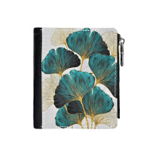 (Blue Ginko Leaves_5129) Men's Women PU Leather Wallets Compact Bifold with Zipper & Multiple Card Coins Slots Black Stylish Durable Graphic Design Print for Girl Boys