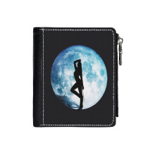 (Blue Moon, Dua!_5518) Men's Women PU Leather Wallets Compact Bifold with Zipper & Multiple Card Coins Slots Black Stylish Durable Graphic Design Print for Girl Boys