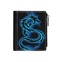 (Blue Neon Dragon_7391) Men's Women PU Leather Wallets Compact Bifold with Zipper & Multiple Card Coins Slots Black Stylish Durable Graphic Design Print for Girl Boys