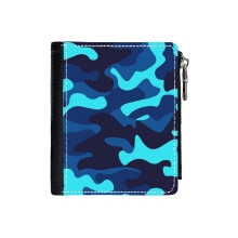(Blue Camo_2911) Men's Women PU Leather Wallets Compact Bifold with Zipper & Multiple Card Coins Slots Black Stylish Durable Graphic Design Print for Girl Boys