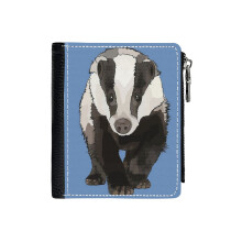 (Blue Badger By Www.BeeFoxTree.com_5449) Men's Women PU Leather Wallets Compact Bifold with Zipper & Multiple Card Coins Slots Black Stylish Durable Graphic Design Print for Girl Boys