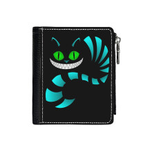 (Blue Cheshire Cat_576) Men's Women PU Leather Wallets Compact Bifold with Zipper & Multiple Card Coins Slots Black Stylish Durable Graphic Design Print for Girl Boys