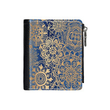 (Blue And Gold Mandala Pattern_389) Men's Women PU Leather Wallets Compact Bifold with Zipper & Multiple Card Coins Slots Black Stylish Durable Graphic Design Print for Girl Boys