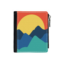 (Blue Mountains_7297) Men's Women PU Leather Wallets Compact Bifold with Zipper & Multiple Card Coins Slots Black Stylish Durable Graphic Design Print for Girl Boys