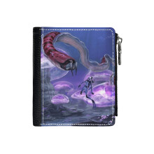 (Close Encounter_1109) Men's Women PU Leather Wallets Compact Bifold with Zipper & Multiple Card Coins Slots Black Stylish Durable Graphic Design Print for Girl Boys