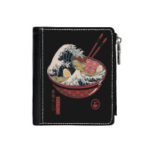 (Great Ramen Wave_929) Men's Women PU Leather Wallets Compact Bifold with Zipper & Multiple Card Coins Slots Black Stylish Durable Graphic Design Print for Girl Boys