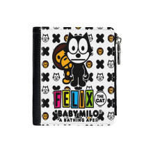 (BAPE X Felix_6729) Men's Women PU Leather Wallets Compact Bifold with Zipper & Multiple Card Coins Slots Black Stylish Durable Graphic Design Print for Girl Boys
