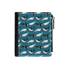 (Belugas Orcas On Teal_3270) Men's Women PU Leather Wallets Compact Bifold with Zipper & Multiple Card Coins Slots Black Stylish Durable Graphic Design Print for Girl Boys