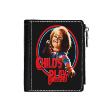 (Chucky_2434) Men's Women PU Leather Wallets Compact Bifold with Zipper & Multiple Card Coins Slots Black Stylish Durable Graphic Design Print for Girl Boys