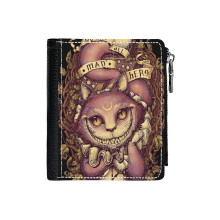 (CHESHIRE CAT_1248) Men's Women PU Leather Wallets Compact Bifold with Zipper & Multiple Card Coins Slots Black Stylish Durable Graphic Design Print for Girl Boys
