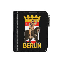 (ADAM LIKES BERLIN BEAR_7398) Men's Women PU Leather Wallets Compact Bifold with Zipper & Multiple Card Coins Slots Black Stylish Durable Graphic Design Print for Girl Boys