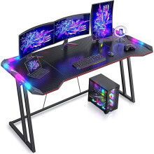 CubiCubi Gaming Desk with LED Lights, 140 x 60cm RGB Computer Desk Z Shape, Gaming Table for Home Office, Black