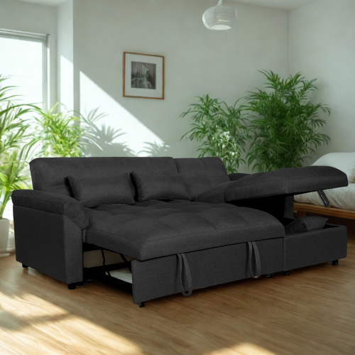 (Black) SNOOZE L Shape Corner Chaise Sofa Bed in Linen 4 Seater ...