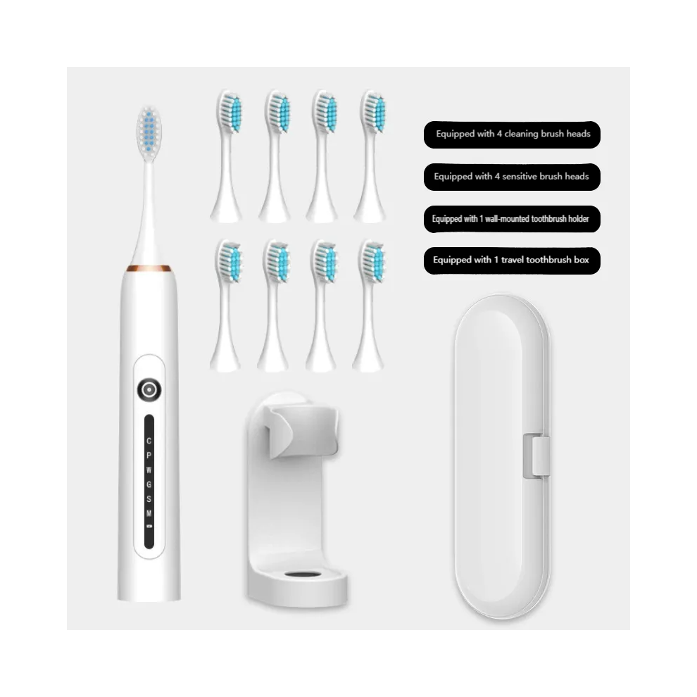 (white+8 brush heads + stand + travel box) Rechargeable Electric Toothbrush Set - Soft Bristles, Smart Sonic Action, IPX7 Waterproof, Compact Design --image-OPC-PHYKN7C-NEW