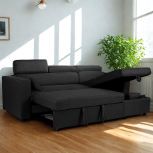 (Black) SNOOZE Corner Chaise L Shape Sofa Bed 4 Seater Reversible Chaise in Linen with Hidden Storage Convertible Sleeper Couch with Fold-Out Bed
