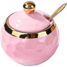 Home Kitchen Ceramic Sugar Bowl Golf Shape Ceramic Sugar Bowl with Lid and Gold Spoon (Pink)