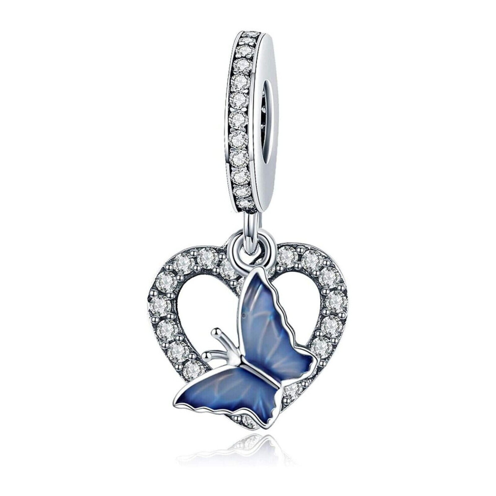 Blue Butterfly Heart charm sterling silver for women's bracelet