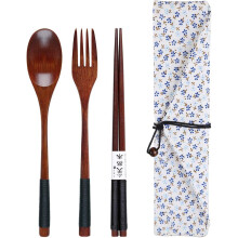 3Pcs Wooden Cutlery Set with Beautiful Storage Bag, Portable Eco-Friendly Spoon, Fork and Chopsticks Reusable Cutlery for Traveling Picnic Camping