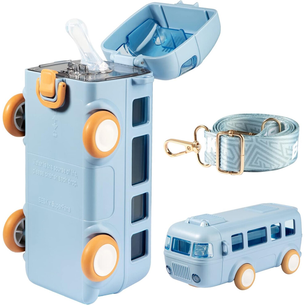 Mascot Bus Shape Car Water Bottle With Straw Lid, 16.9 Oz Portable Kid Water Cup With Shoulder Strap, Detachable, Leak-Proof(Blue)