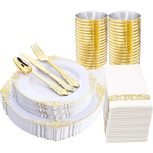 175 White Gold Plastic Plates-Gold Disposable Plates for 25Guests,25 Dessert Plates,25 Cups,25 Forks,25 Knives,25 Spoons,25 Wedding and Party Napkins