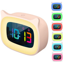 Cute Cat Ear Alarm Clock with RGB 7 Color Night Light & 18 Ringtones,LED Colorful Digital Display,Rechargeable,Digital Clock for Bedroom(Pink)