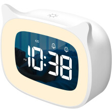 Kids Alarm Clock with Night Light & 18 Ringtones,Rechargeable,Cute Cat Ear Clock for Boys Girls,Digital Clock for Children's Bedroom(White)