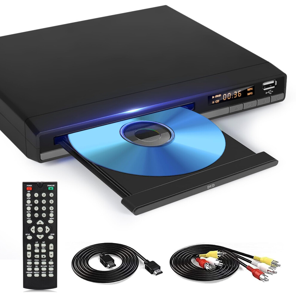 HD DVD Player for TV, Multi Region DVD Player for Smart TV, HDMI/RCA Output Cable Included, 1080P, Breakpoint Memory, Built-in PAL/NTSC, CD Players f