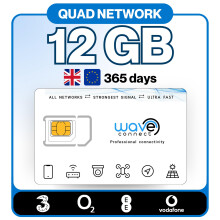 Wave Connect UK Quad Network Data Only SIM, 12GB/12 Months, EE, O2, Vodafone, Three 4G LTE + 5G Prepaid, Activates On First Use, Includes European Co