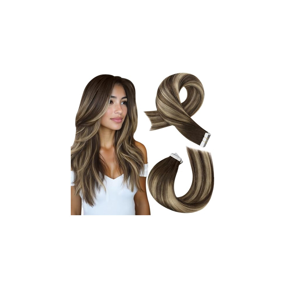 Moresoo Unisex Brown Tape In Human Hair Extensions Ombre Human Hair Tape In Hair Extensions Dark With Caramel Blonde Tape In Hair Extensions Real Human Hair