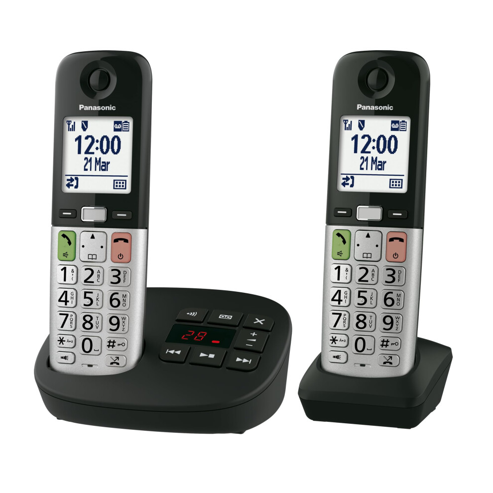 Panasonic KX-TGU432EB Digital Cordless Landline Phone with Answering Machine, Base Unit & 2 Handsets, LCD Display, Fav Call, Torchlight, Hearing Aid
