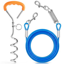 Chuiendi Dog Tie Out Cable and Stake, 6M/19.6FT Dog Tether Training Line with Swivel Hook and Shock Absorbing Spring, Pet Lead for Yard Outdoor and