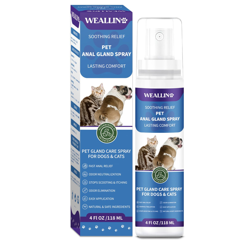 Weallin Anal Gland Spray For Dogs Cats - Fast Anal Gland Relief Stops Scooting & Itching Odor Elimination Anti Itch Dog Spray Pain Relieving Safe For