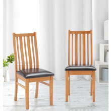 Hallowood Furniture Oak Chair with Brown Bonded Leather Seat Pad (Pair)