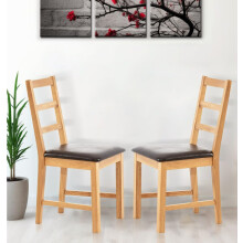 Hallowood Furniture Pair of Oak Small Ladder Back Chairs with Brown Bonded Leather Seat