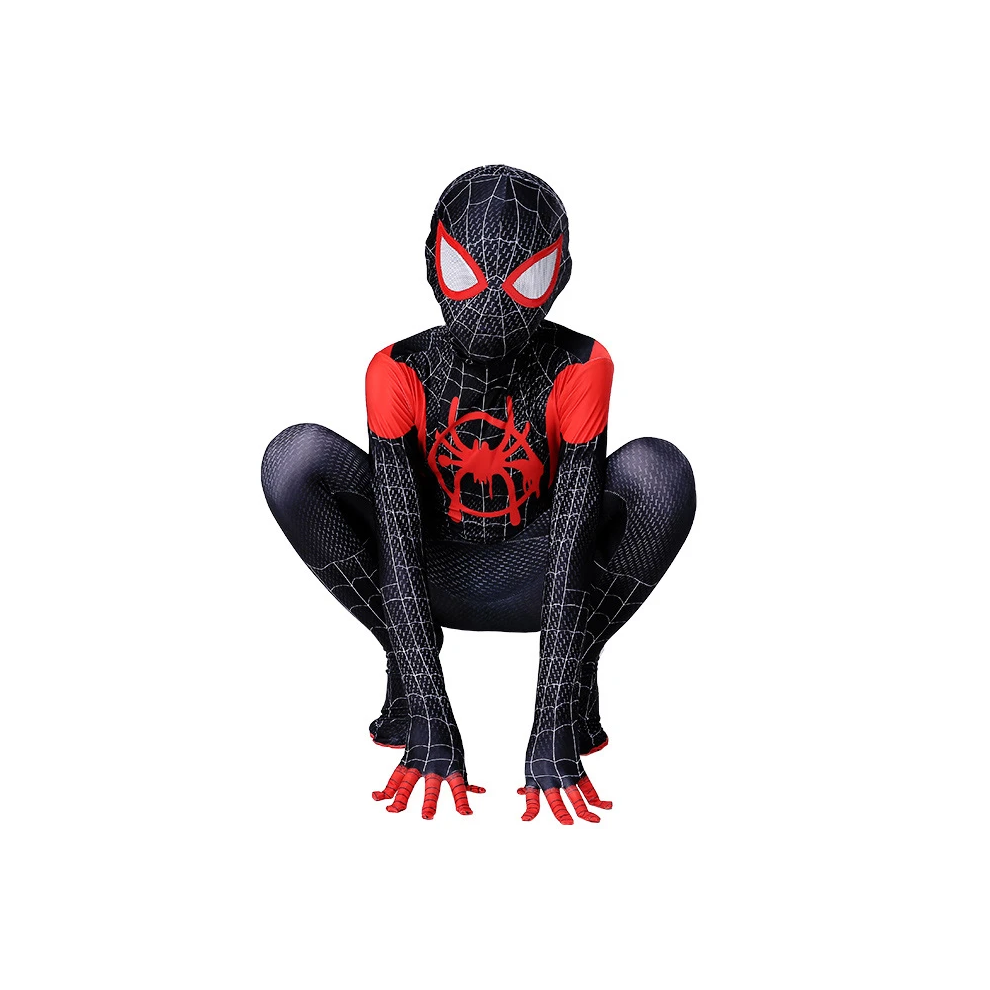 (140Cm) Miles Morales Cosplay Spiderman Costume Superhero Bodysuit For Adult Children Black