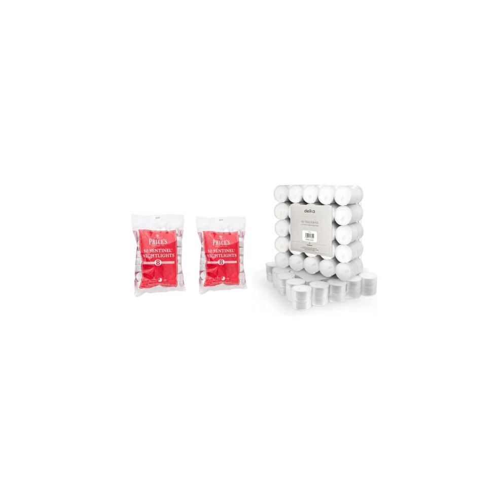 Price's Candles 2 x 50 Pack Sentinel Range 8 Hour Tealights Bags & delka 8 Hour Tea Light Candles, 50 Pack, Long Burning Time, Unscented Tea Lights -