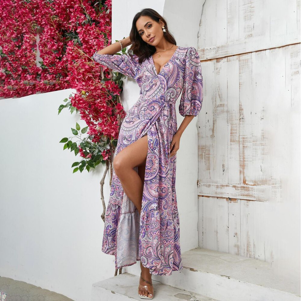 (purple, S) Women Spring Short Bubble Sleeve Floral Print V-neck Dress Summer Casual A-line Ankle-length Straps High Waist Slit Dresses