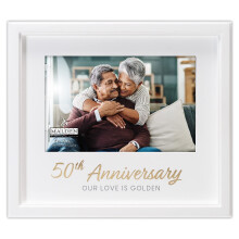 International Designs 4 x 6 inch Matted 50th Anniversary Our Love is Golden Sentiment Picture Frame Matte Quality MDF Wood White Gold Foil