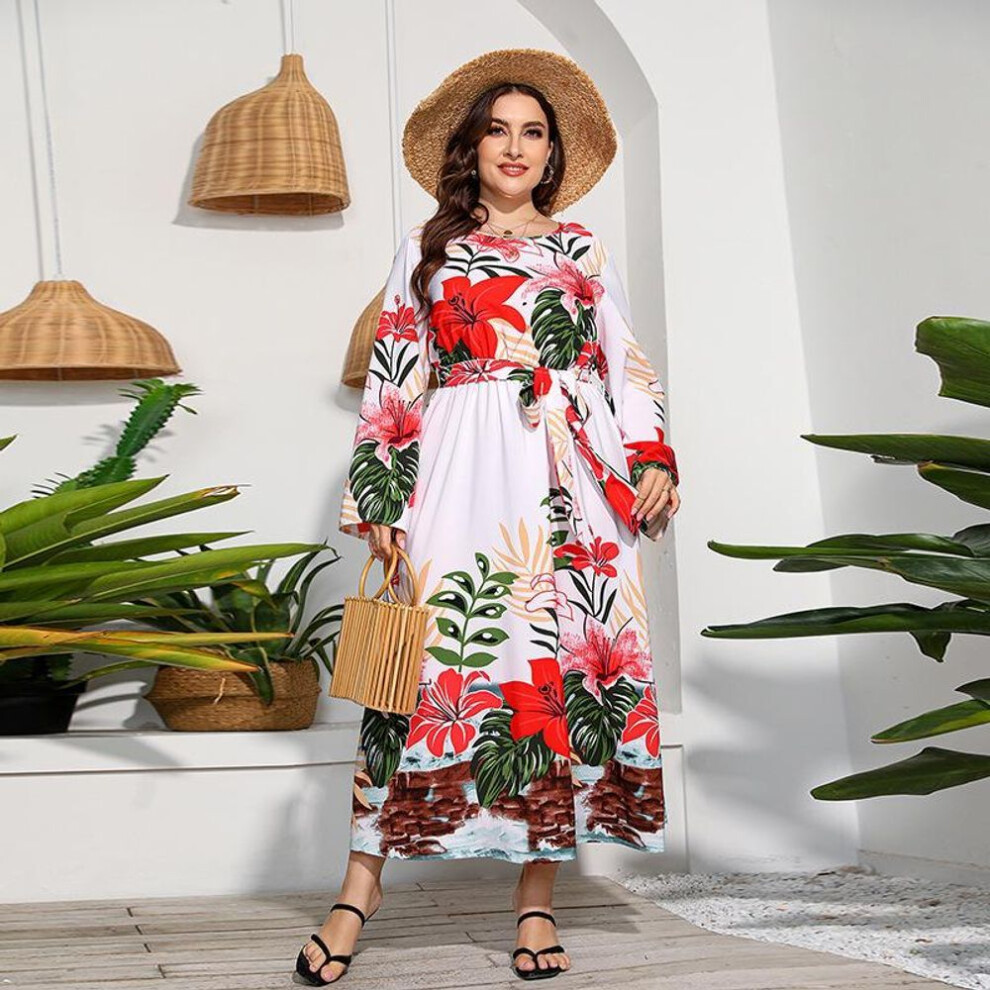 (white, 2XL) Spring And Autumn Women's Dress Plus Size Floral Printing Mid-length Dress Long Sleeve Tie Waist Slim Fashion Long Dress