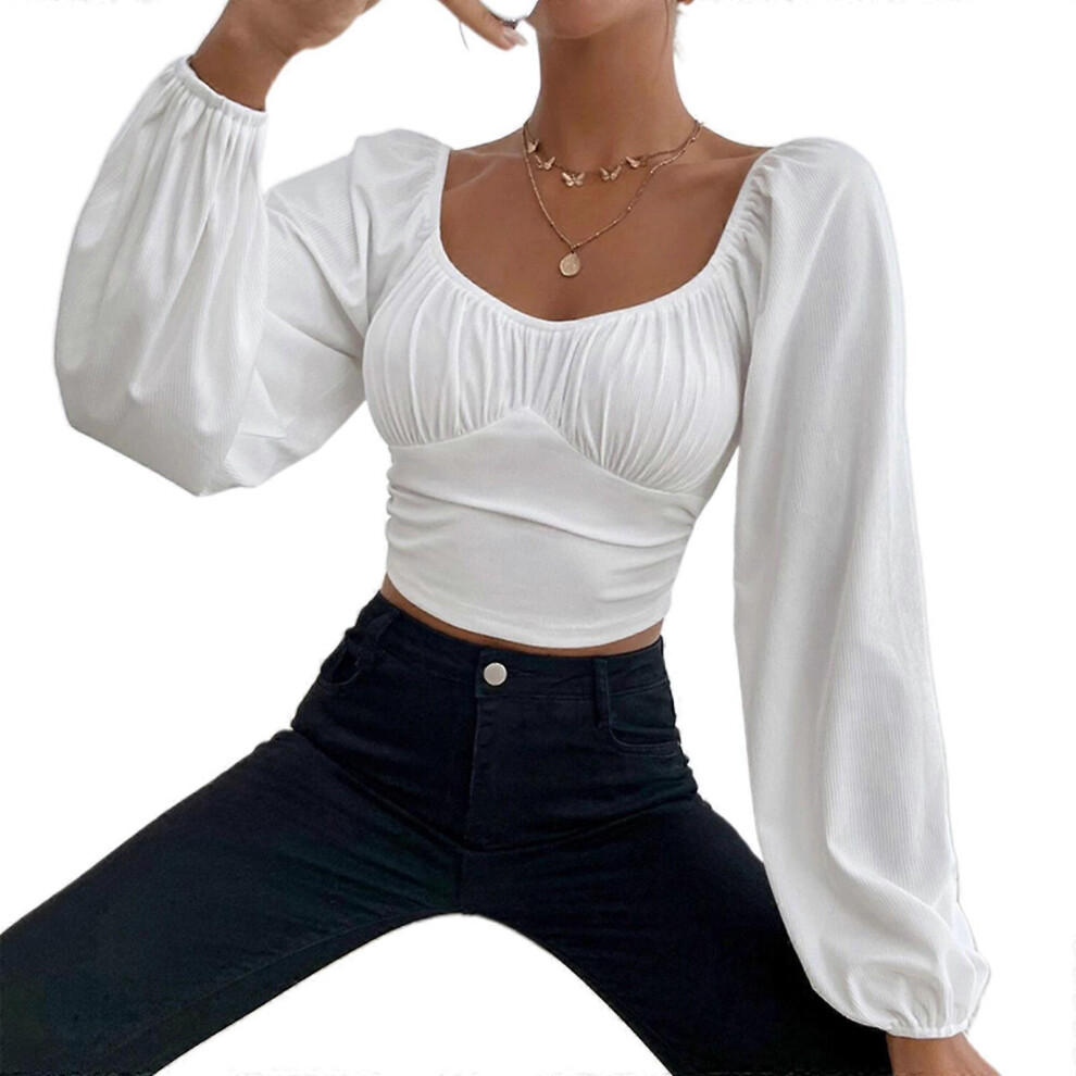 (XL, One size) Women's Sheer Mesh Long Sleeve Corset Crop Top Scoop Neck Asymmetrical Hem for T Shirts Sexy Party Wear  White S
