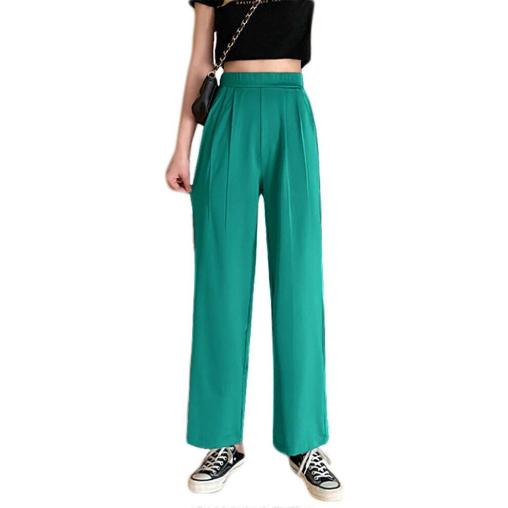 (Green, One size) Women High Waist Wide Leg Suit Pants Solid Color Pleated Loose Straight Trousers  M Green