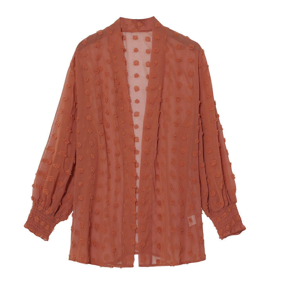 (S, Black) Women Puff Long Sleeve Open Front Cardigan Lightweight Swiss-Dot Pompom Jacquard Chiffon Sheer Flowy Blouse Jackets Coat  Brick red S