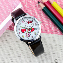 (black) Cartoon KT cat cute quartz watch, children's luminous pointer leather strap gift watch