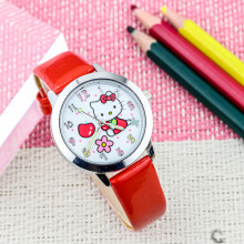 (red) Cartoon KT cat cute quartz watch, children's luminous pointer leather strap gift watch